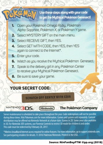 Pokémon 20th Anniversary Genesect • OT: GF • ID No. 11016 • North Amer