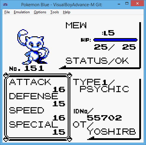 Lv 100 Mew in Pokemon Yellow / Blue / Red 