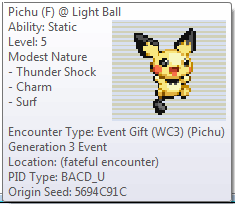 More information about "Surf Pichu Modest 6Ivs 31 Gen III event"